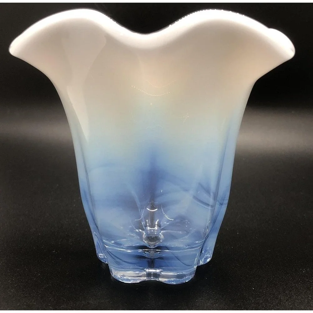 Blue White Opalescent Fade Art‎ Glass Vase Ruffled Rim MCM Style 4